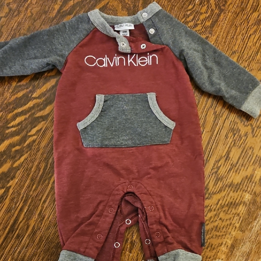 Calvin Klein Burgundy and Gray Infant Romper